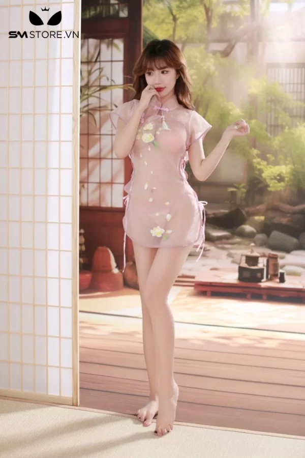 Áo ngủ siêu mỏng trong suốt kiểu sườn xám ngắn sexy